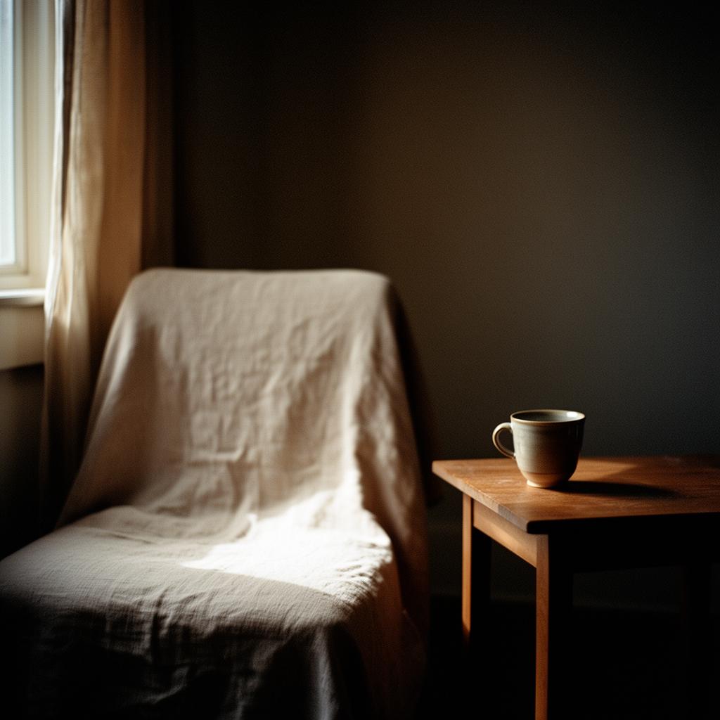 A quiet, sunlit corner with a linen-draped chair and ceramic cup — stillness before clarity
